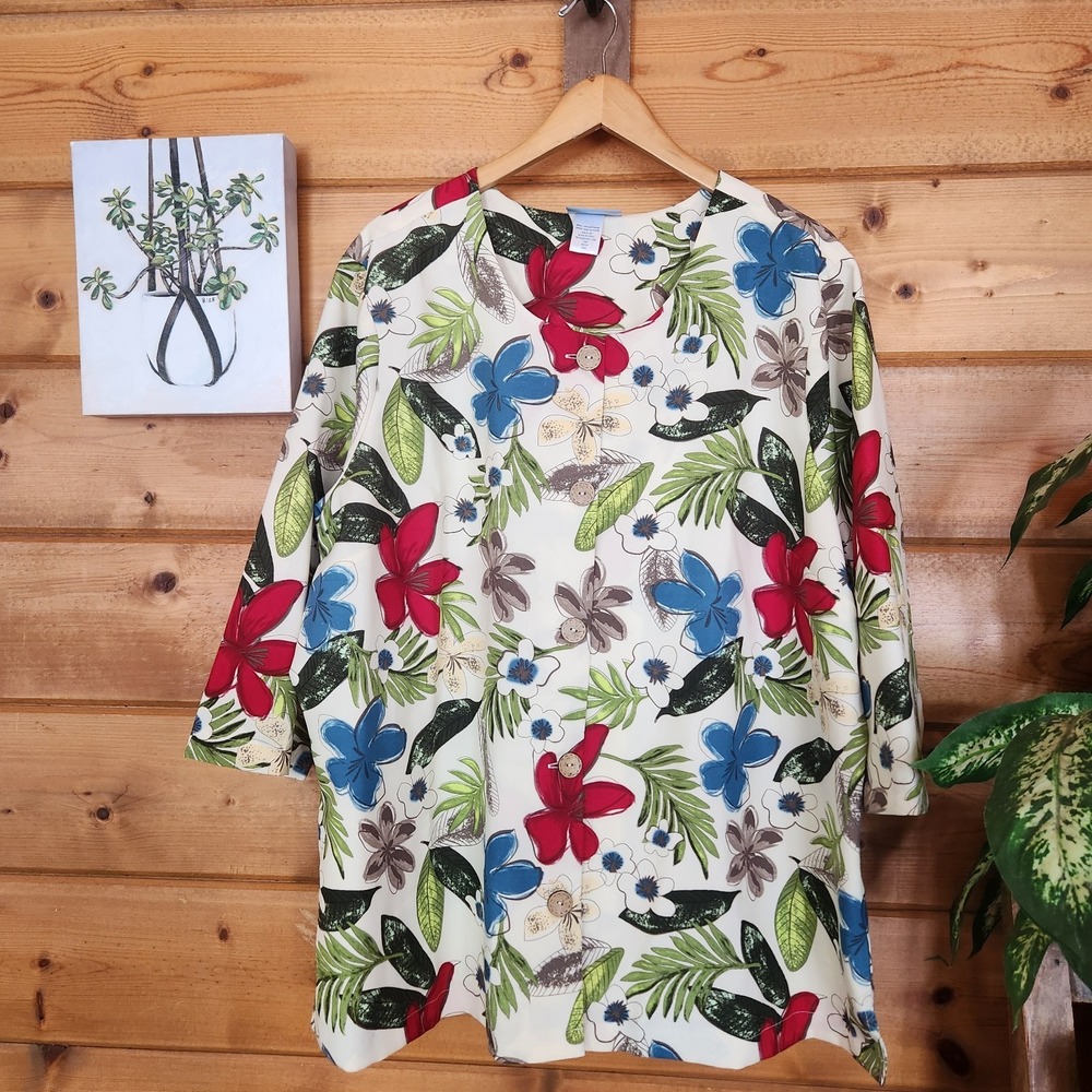 Koret Vintage Multi Floral Wooden Button Up Top Tropical 3/4 Blouse Plus Sz 24W